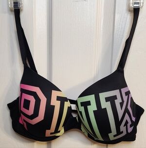 PINK Victoria's Secret 36C Wear Everywhere Push-Up Bra Black and Multicolor Logo